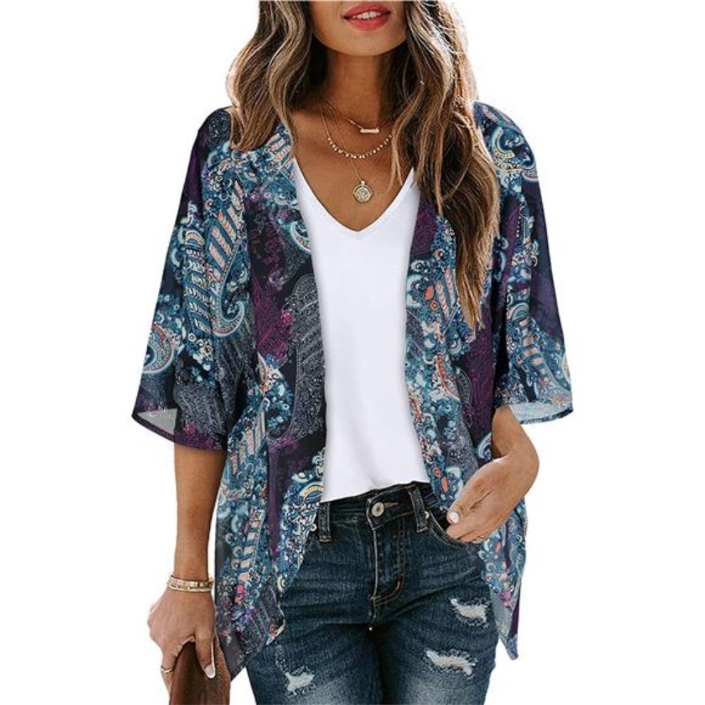 Women's Floral Print Puff Sleeve Kimono Cardigan Loose Cover Up Blouse Top